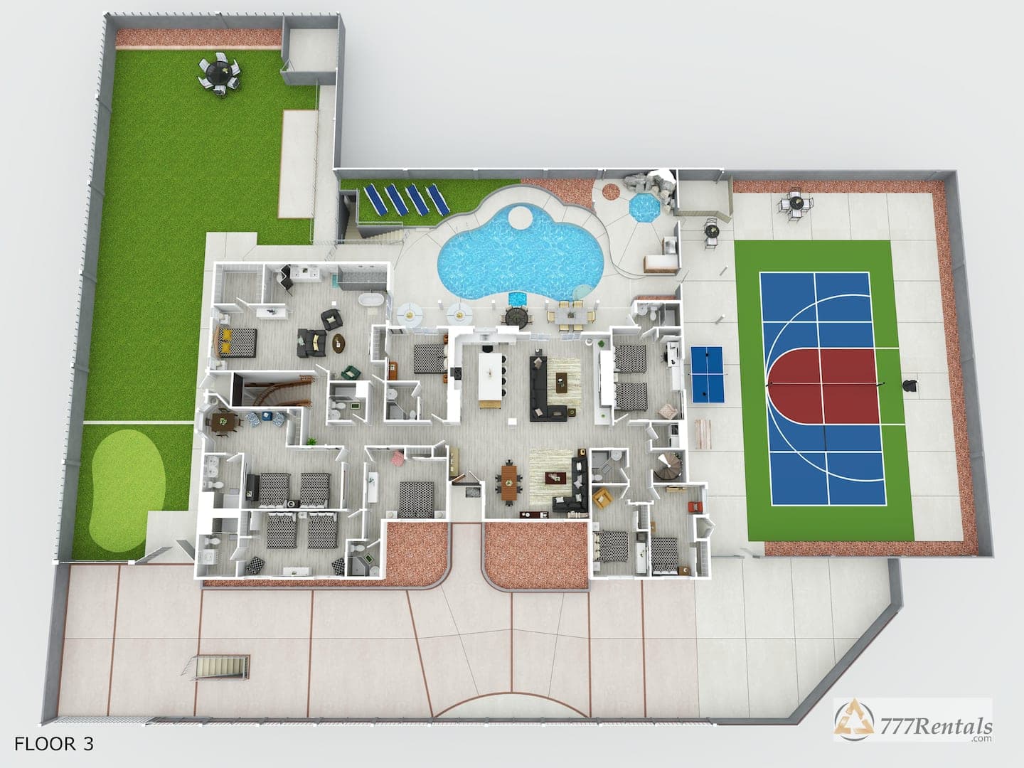 Floor Plan Overview: A detailed view of the property layout, showcasing the expansive space and incredible amenities. The plan highlights 7 large bedrooms and central common areas designed for group g